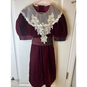 Jinelle Girls Holiday Dress Burgundy Size 8 Velvet Christmas Pageant Lace Bow